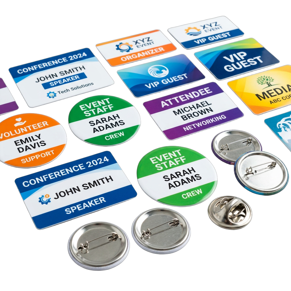 Custom Color Name Tags — Events & Conferences | Full-Color Printed Badges, Pin/Magnet, MOQ 12 | Bulk Staff Order