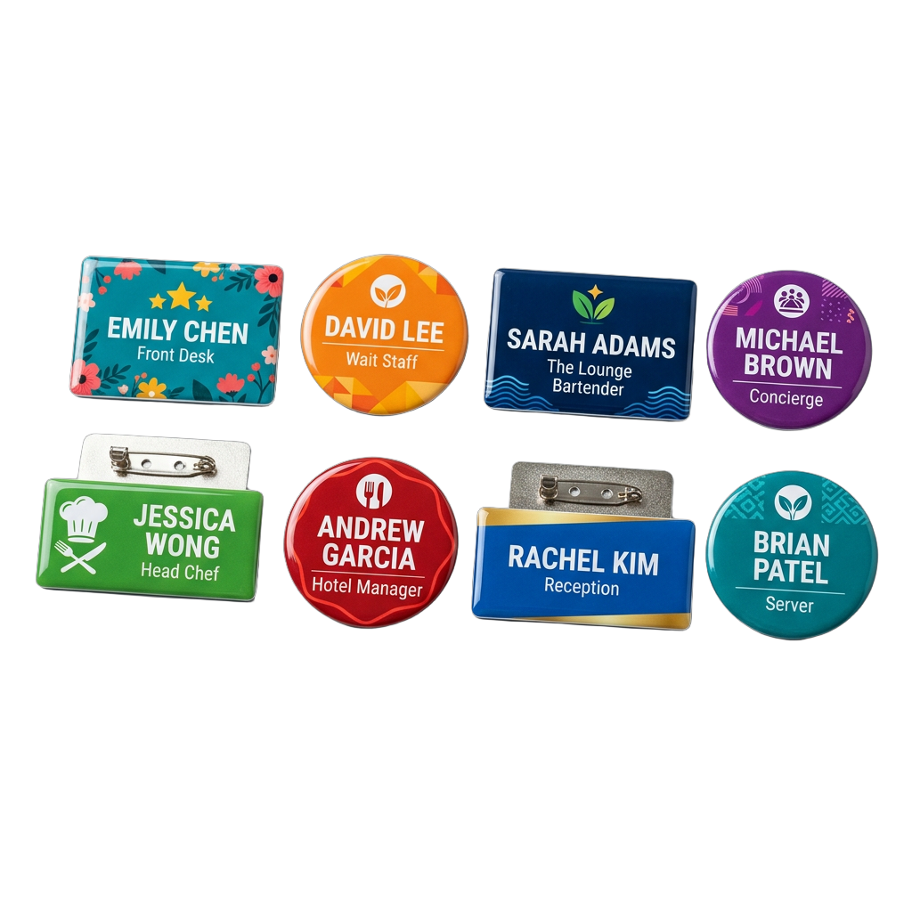 Custom Color Name Tags — Hospitality & Restaurant | Full-Color Printed Badges, Pin/Magnet, MOQ 12 | Bulk Staff Order