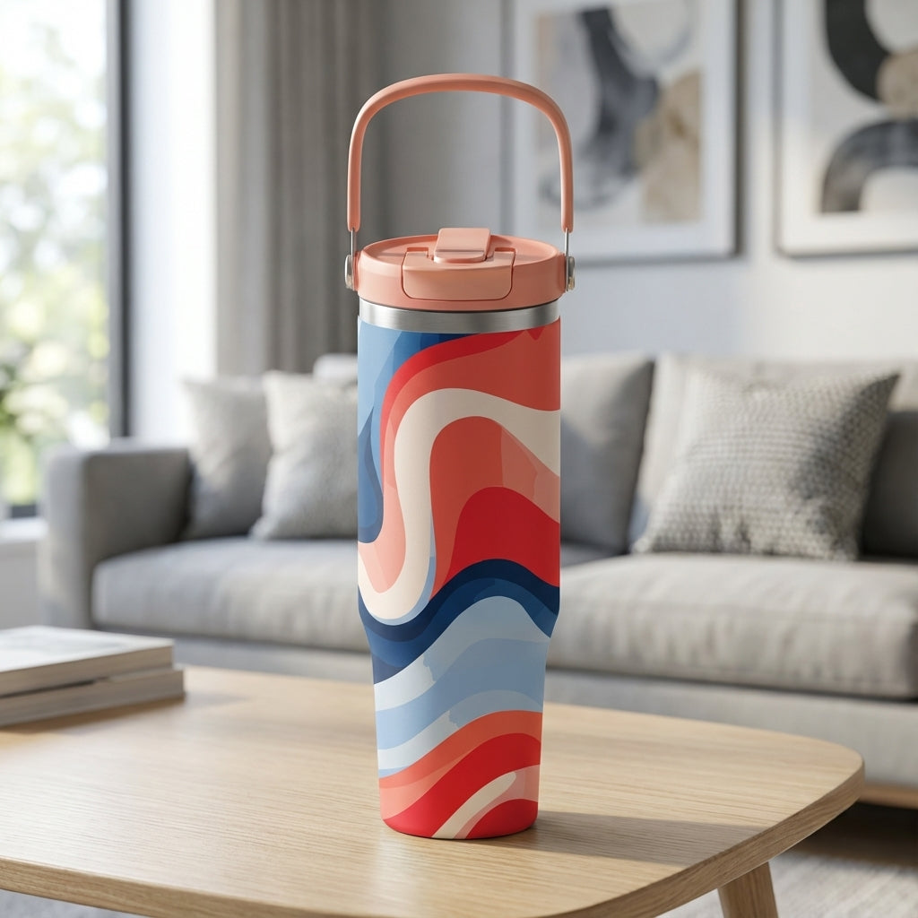 LAMOSE Cascade 40 oz stainless steel tumbler featuring an abstract red, white, and navy blue wave pattern with a coral handle and flip lid