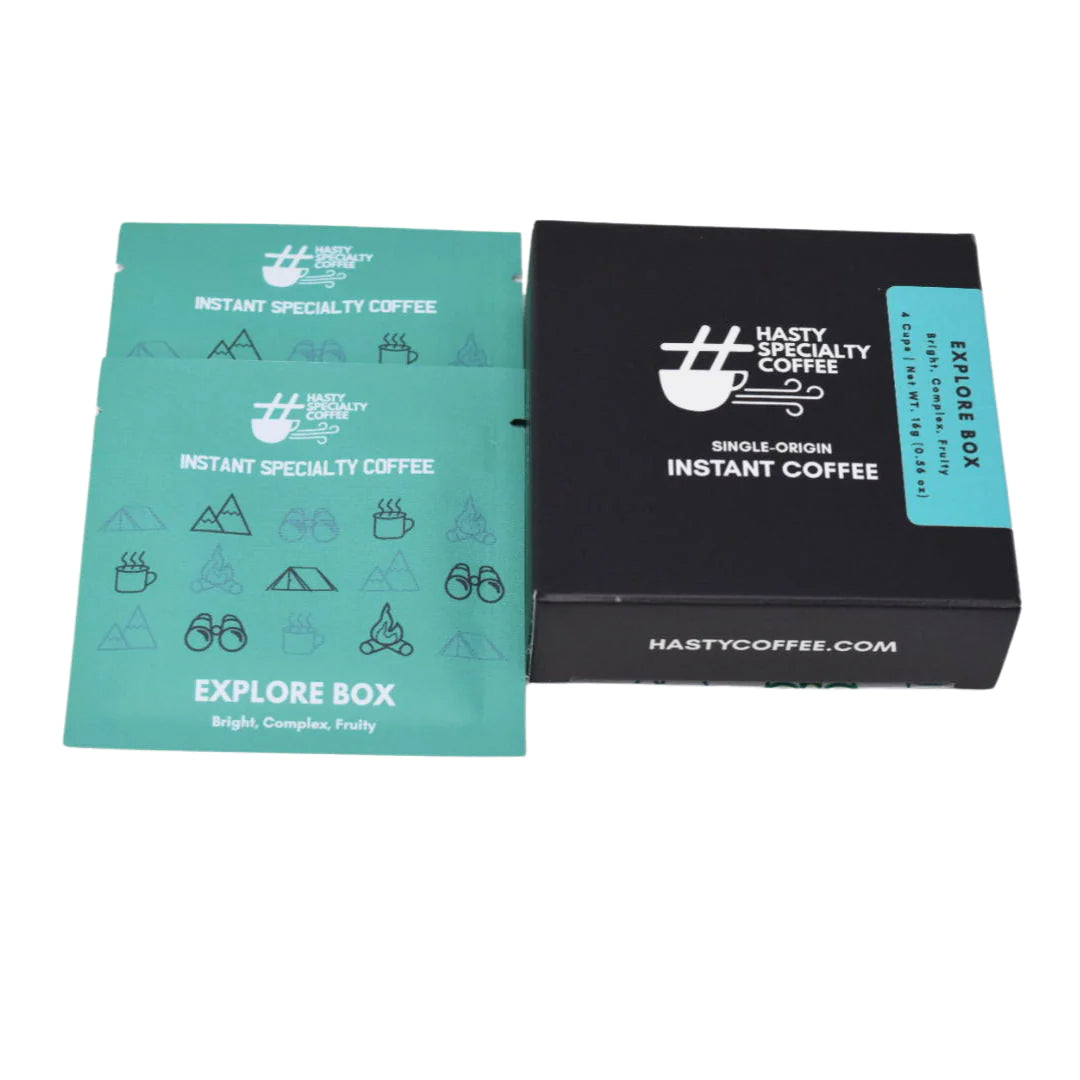 LAMOSE offers Hasty Coffee Explore Box: a black box with two teal instant coffee packets, featuring bright, complex, fruity flavors.
