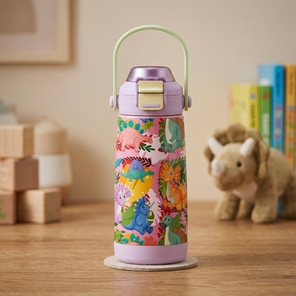 Goose 14 oz insulated kids water bottle with colorful zoo animal theme pattern, perfect for school and outdoor activities