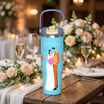 Light blue Cascade 40oz insulated tumbler featuring a bride and groom illustration, champagne glasses, and balloons on a rustic wooden table.