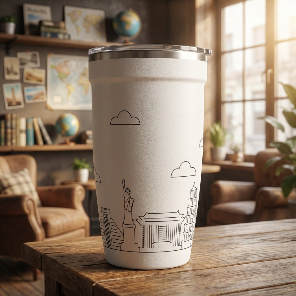 White Peyto 16 oz travel tumbler featuring black line art engravings of global cityscapes, the Statue of Liberty, and Asian pagodas against a matte finish.