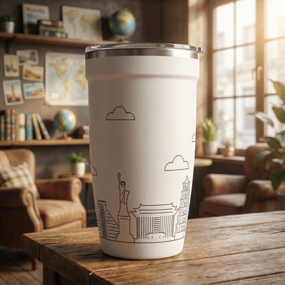 White Peyto 16 oz travel tumbler featuring black line art engravings of global cityscapes, the Statue of Liberty, and Asian pagodas against a matte finish.