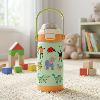 Goose 14 oz stainless steel kids water bottle with orange base and green handle featuring lion, elephant, and rabbit illustrations surrounded by toys