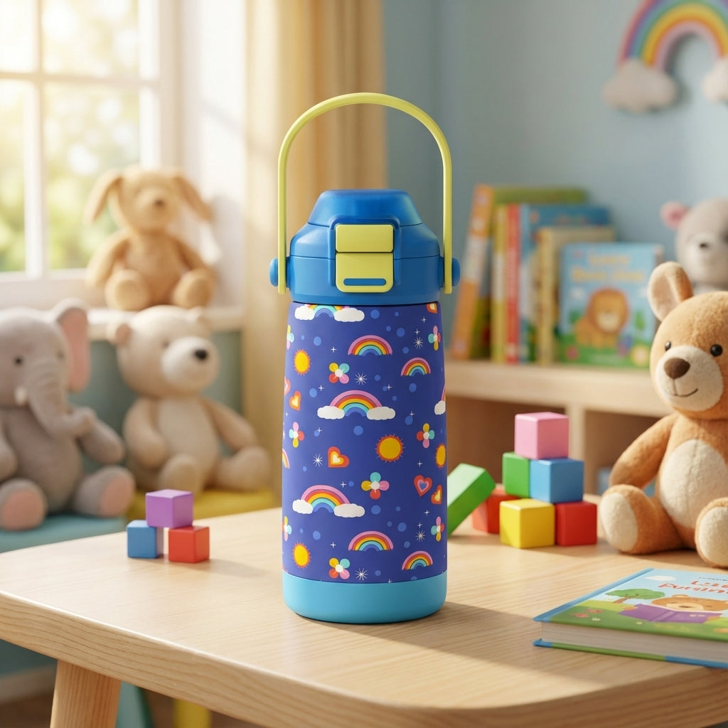 Navy blue Goose 14oz kids water bottle featuring colorful rainbow, sun, and cloud pattern with yellow handle on wooden table in natural light.