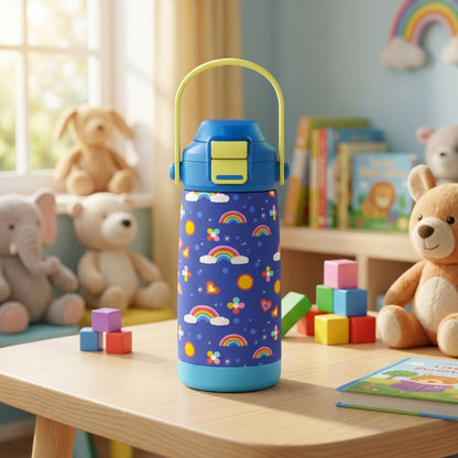 Navy blue Goose 14oz kids water bottle featuring colorful rainbow, sun, and cloud pattern with yellow handle on wooden table in natural light.