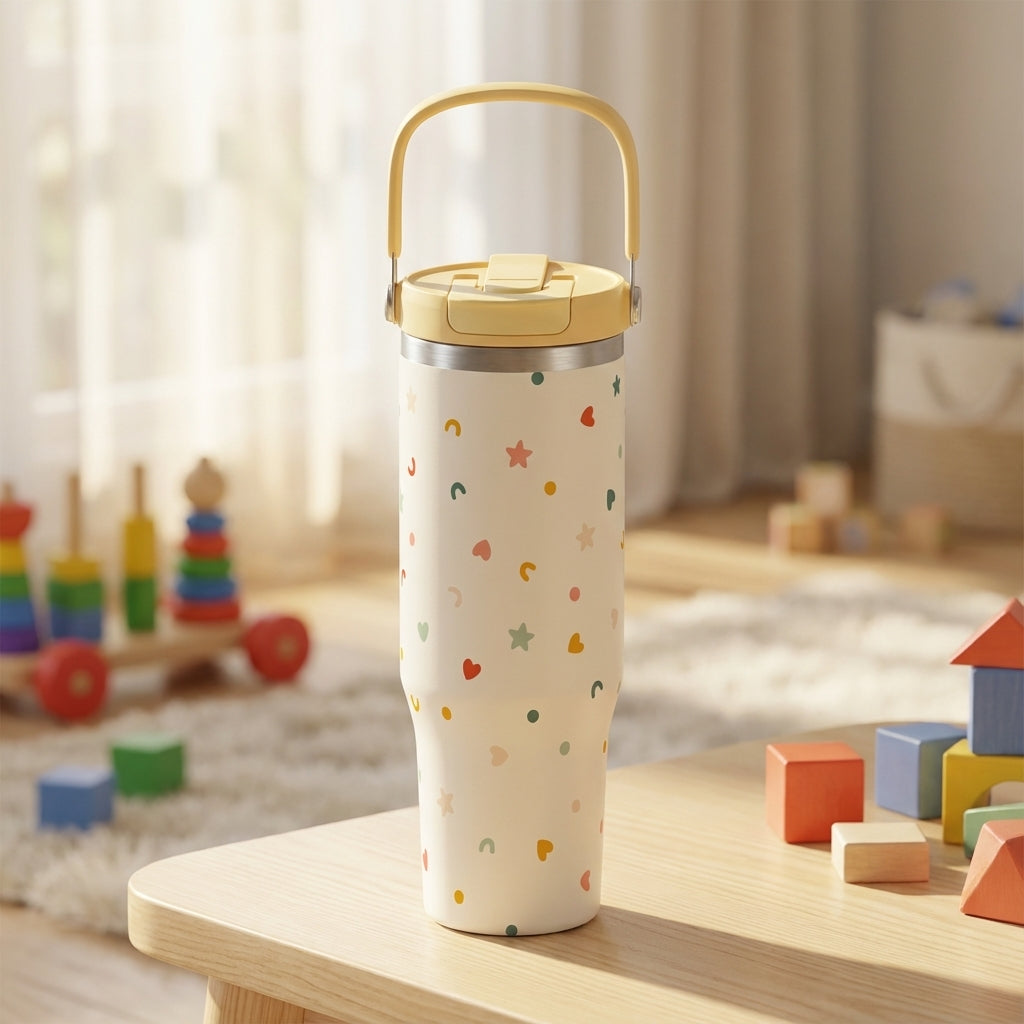 LAMOSE Cascade 40 oz tumbler in creamy white with a colorful pattern of hearts, stars, and crescents, featuring a pale yellow handle and flip lid.