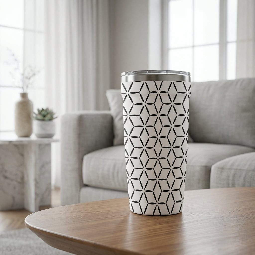 Peyto 16oz tall tumbler featuring black geometric starburst pattern on white background sitting on a marble table