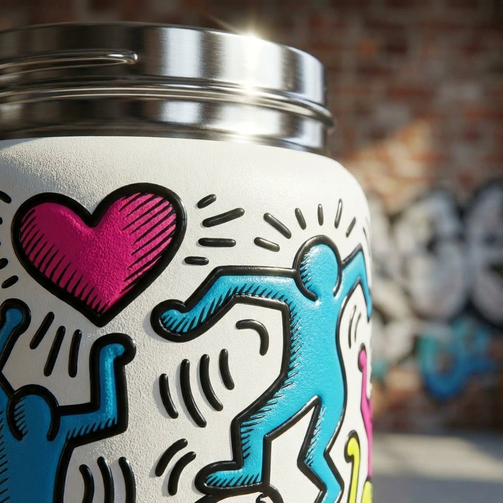 Detail shot - White LAMOSE Robson 21 oz water bottle featuring colorful cartoon figures and hearts in a pop-art style on a graffiti background