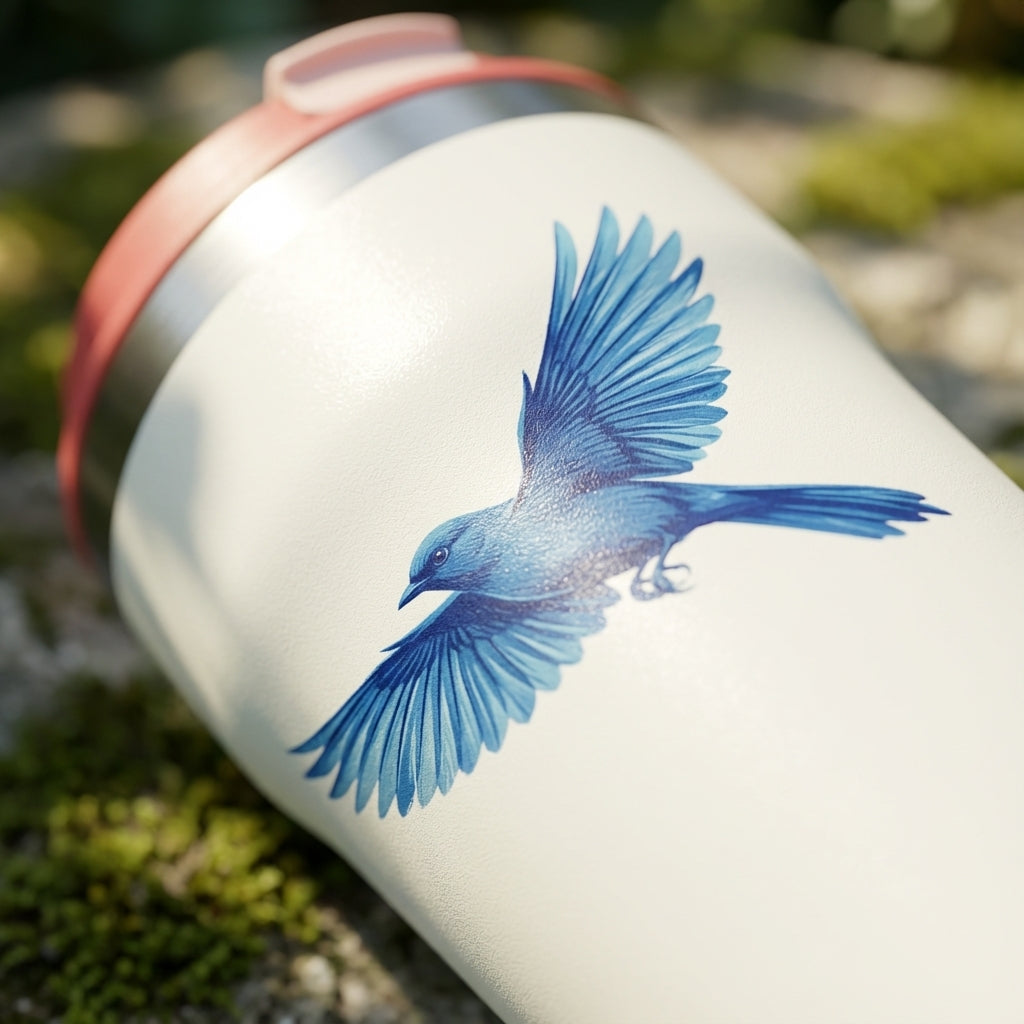 Detail shot - Cream colored 16oz insulated tumbler featuring a pattern of blue and red birds in flight with a light red lid and straw.