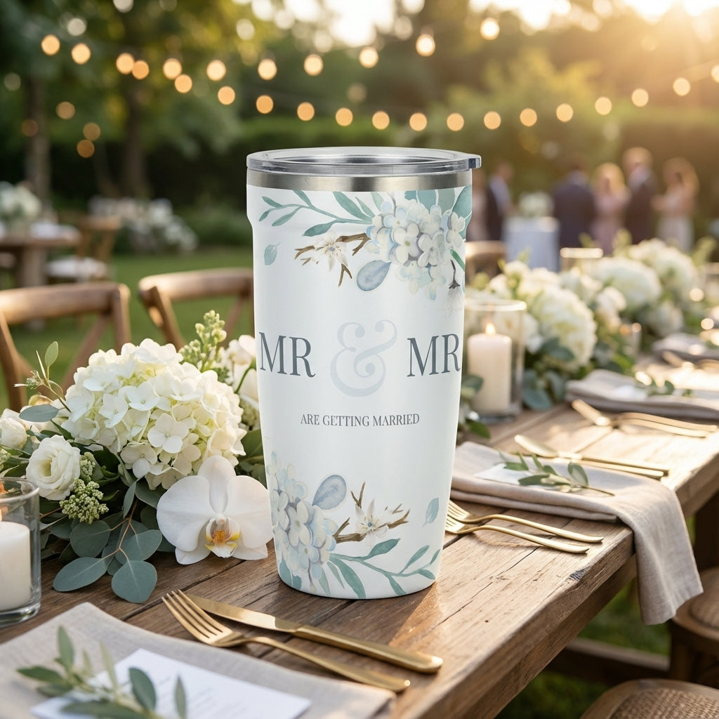 White 16oz travel tumbler featuring blue and white hydrangeas with text Mr & Mr Are Getting Married, set against a wedding background.
