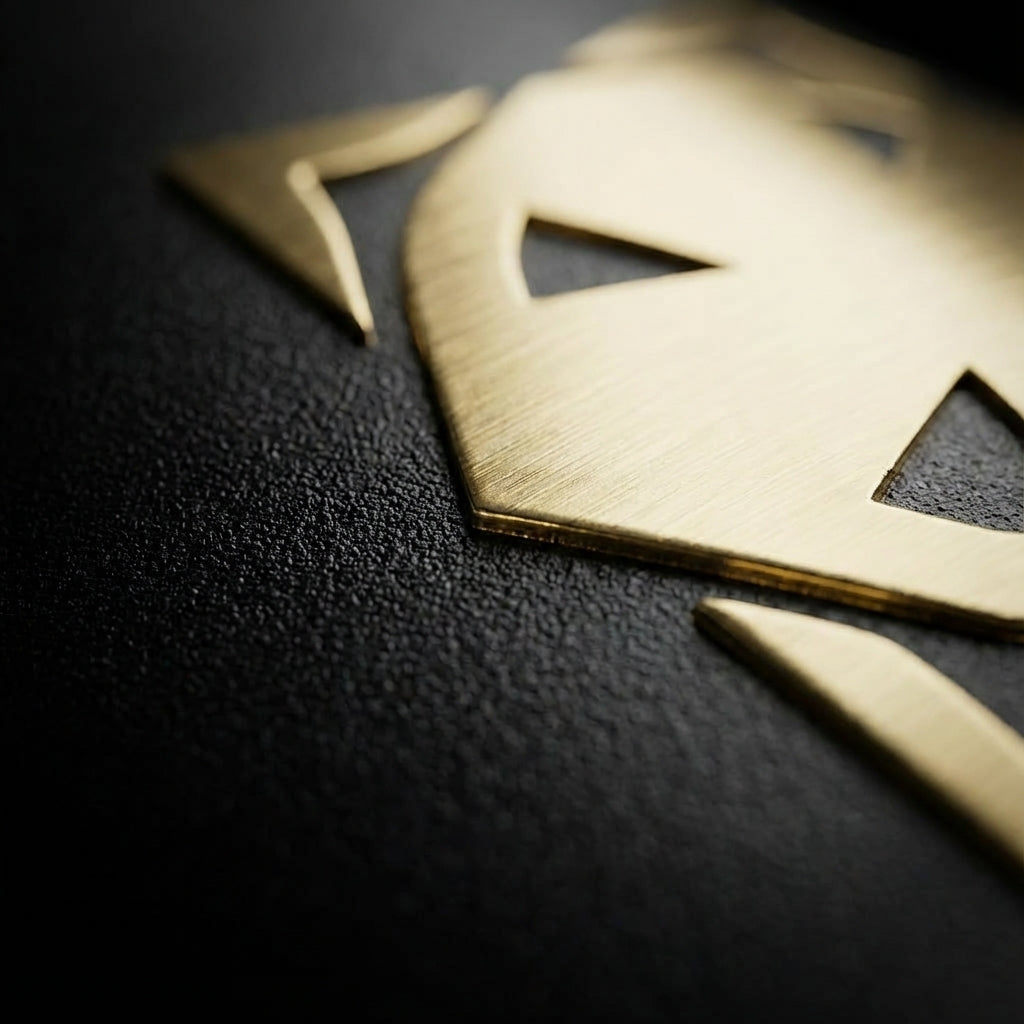 Detail shot - Matte black stainless steel travel tumbler featuring a gold geometric circle and square pattern, sitting on a wooden table in natural light.