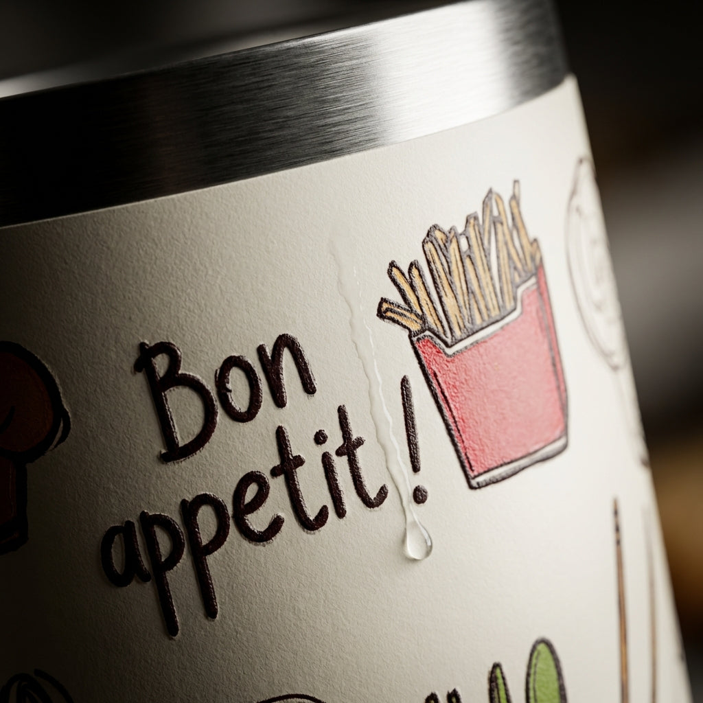 Detail shot - Off-white Cascade 40 oz insulated tumbler featuring hand-drawn illustrations of burgers, pasta, and chef hats with a yellow flip lid and handle.