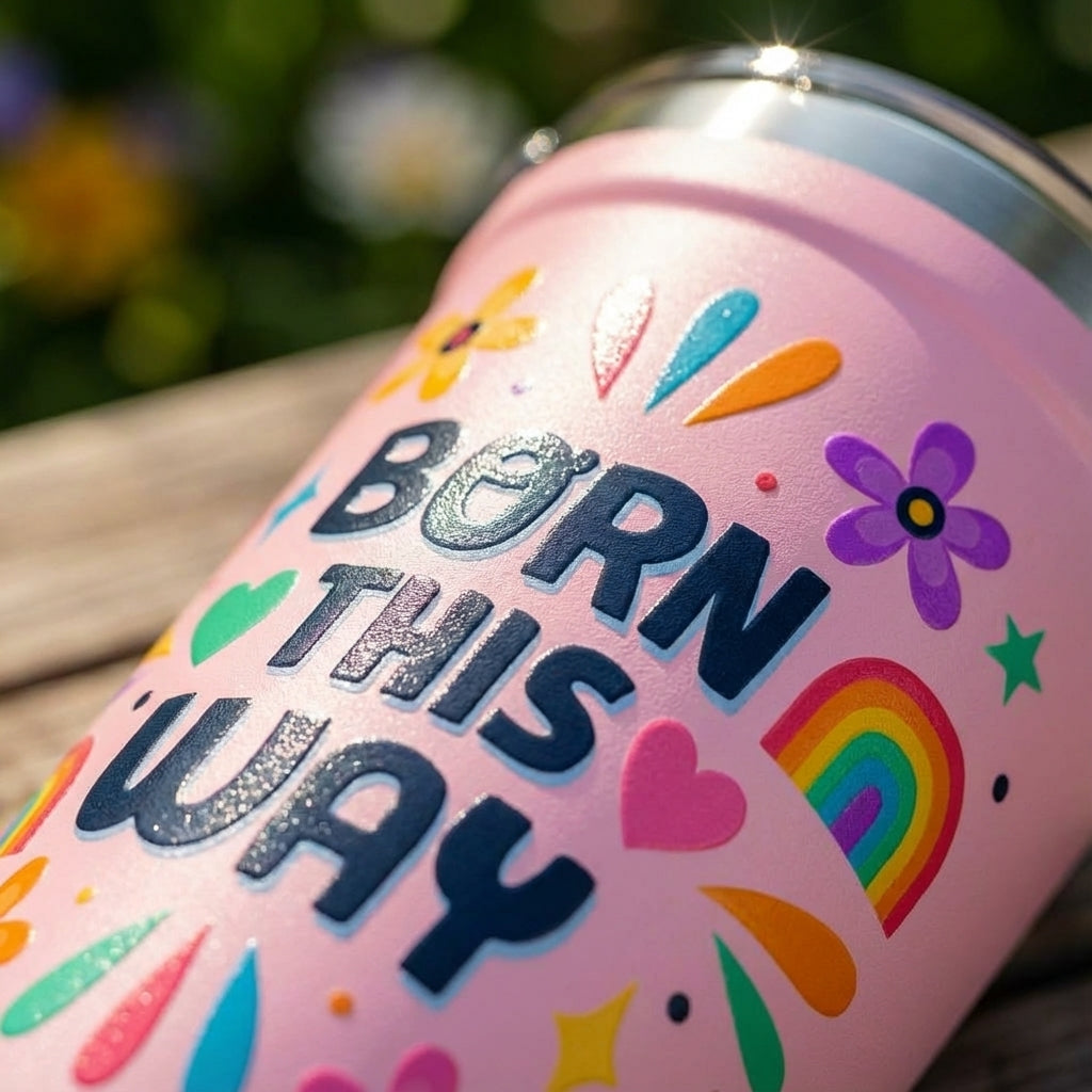 Detail shot - Pink LAMOSE Peyto 16oz tumbler with Born This Way text, rainbow, and flower illustrations sitting on a wooden bench in a wildflower field.