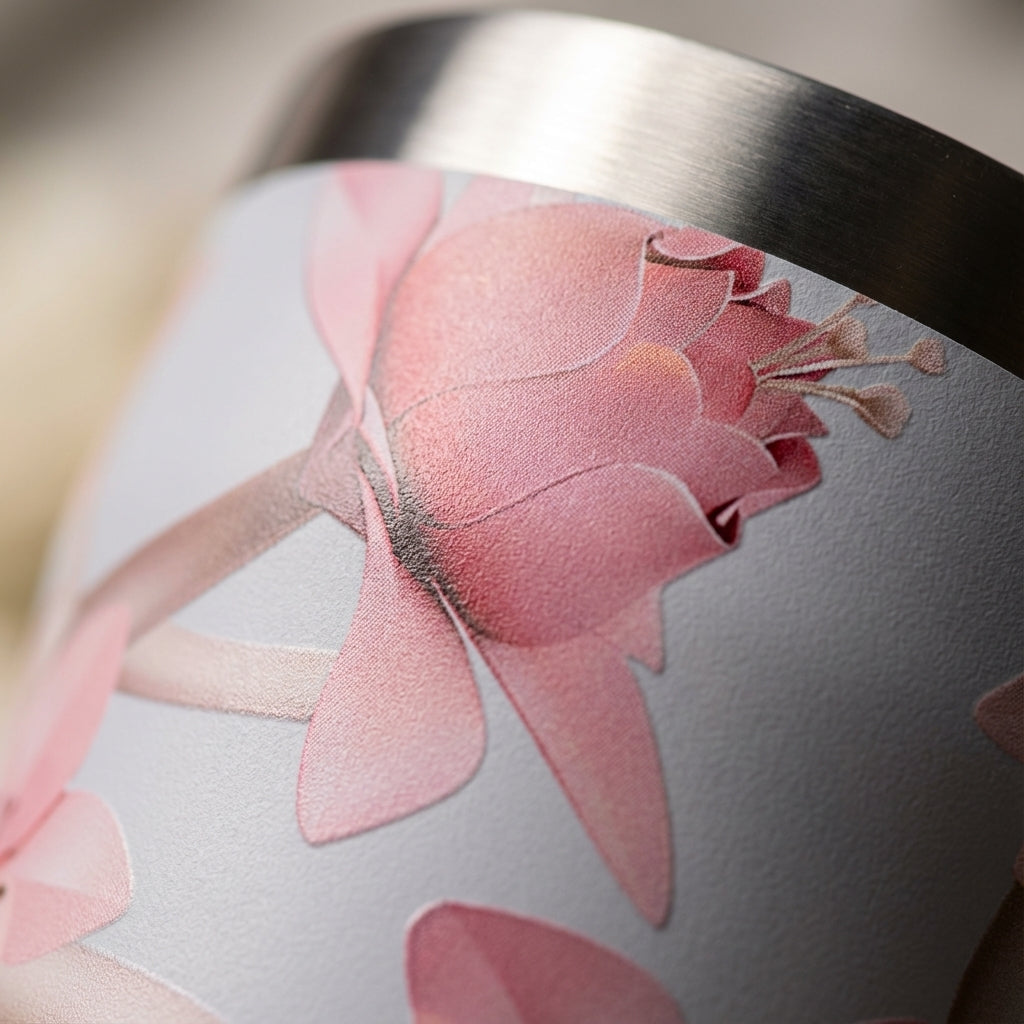 Detail shot - Close-up of LAMOSE Bow 16 oz tumbler with pink origami floral pattern and coral lid sitting on a wooden surface surrounded by green ferns.