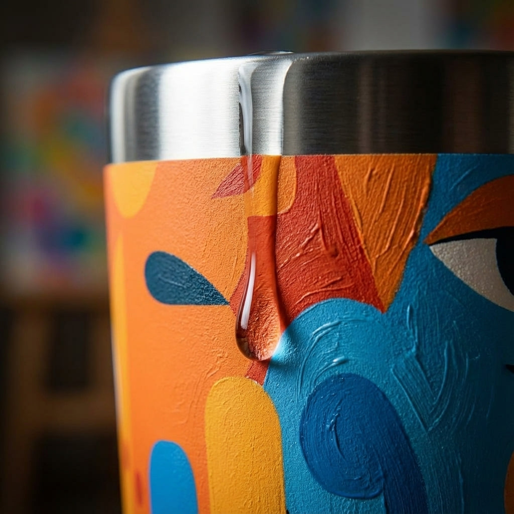 Detail shot - LAMOSE Bow 16 oz tall tumbler featuring a colorful abstract pattern with cartoonish faces and geometric shapes in orange, blue, and yellow.