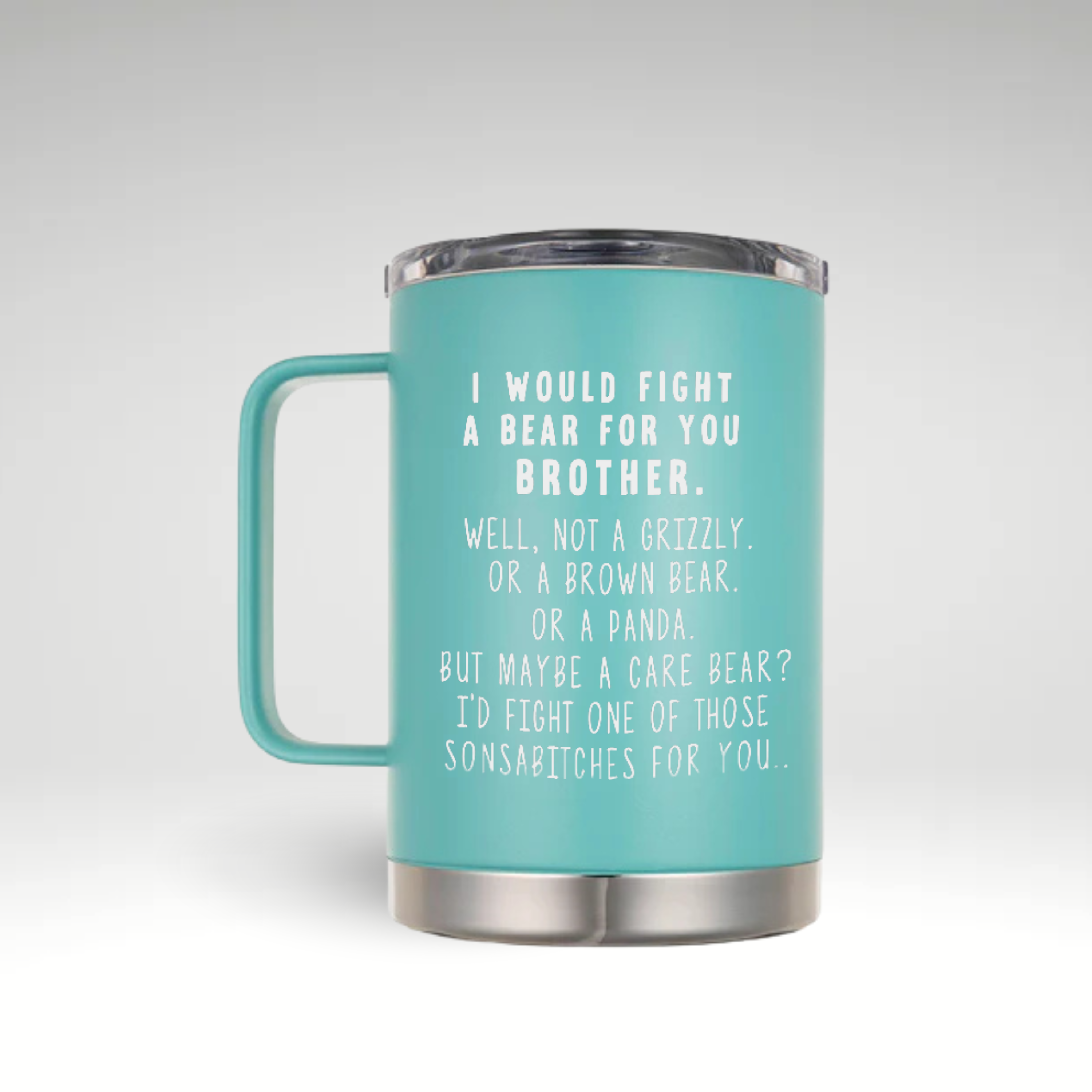 LAMOSE insulated teal stainless steel mug, shown at a slight angle, with a large handle and humorous text.