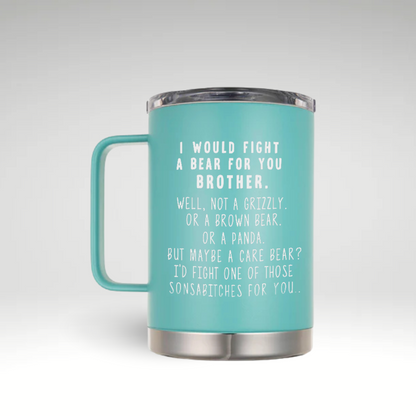 LAMOSE insulated teal stainless steel mug, shown at a slight angle, with a large handle and humorous text.