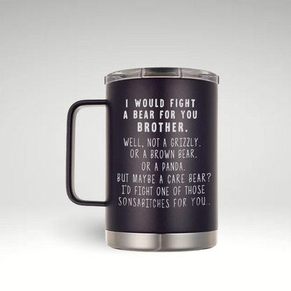 LAMOSE dark purple stainless steel insulated mug, front view, with handle and lid, featuring a funny 'I would fight a bear for you' quote.