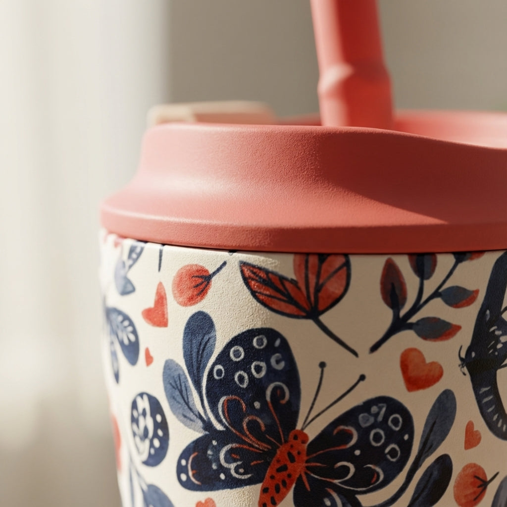Detail shot - Beige 16oz insulated tumbler featuring a red and navy butterfly and heart pattern with a soft coral lid and matching straw.