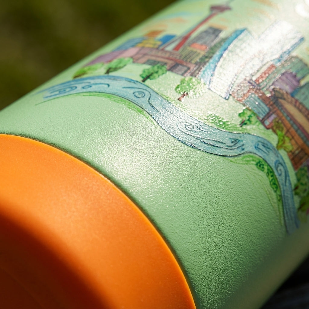 Detail shot - Light green stainless steel 14oz kids water bottle with orange accents featuring a colorful sketch of the Calgary skyline and river