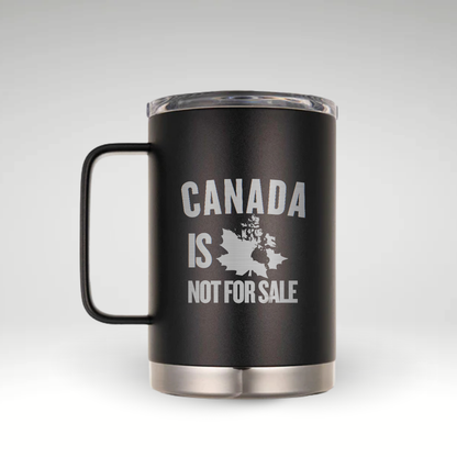 Canada Is Not For Sale Insulated Mug Black and white insulated mug with CANADA IS NOT FOR SALE text and Canada silhouette on a maple leaf. 