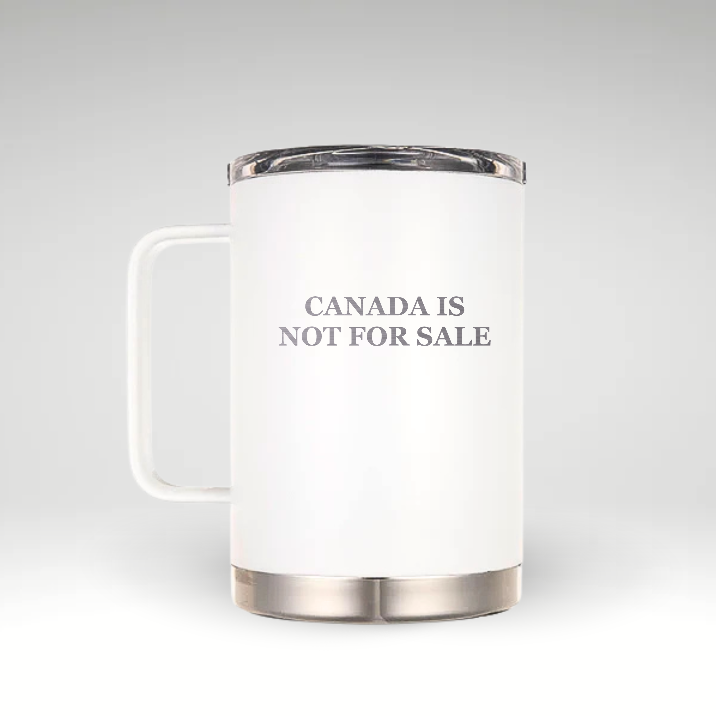 LAMOSE white insulated mug with handle and clear lid, featuring 'CANADA IS NOT FOR SALE' text on the front.