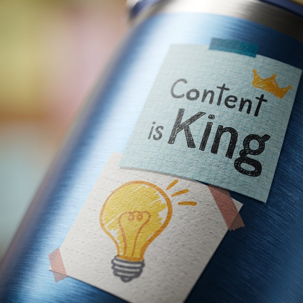 Detail shot - LAMOSE Cascade 40 oz tumbler with blue base and motivational sticky note graphics featuring lightbulbs, rockets, and office doodles.