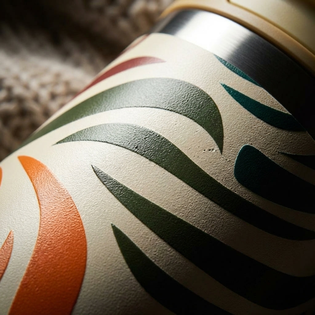 Detail shot - LAMOSE Cascade 40 oz tumbler featuring a cream base with abstract organic shapes in green, orange, and blue, sitting in a sunlit room.