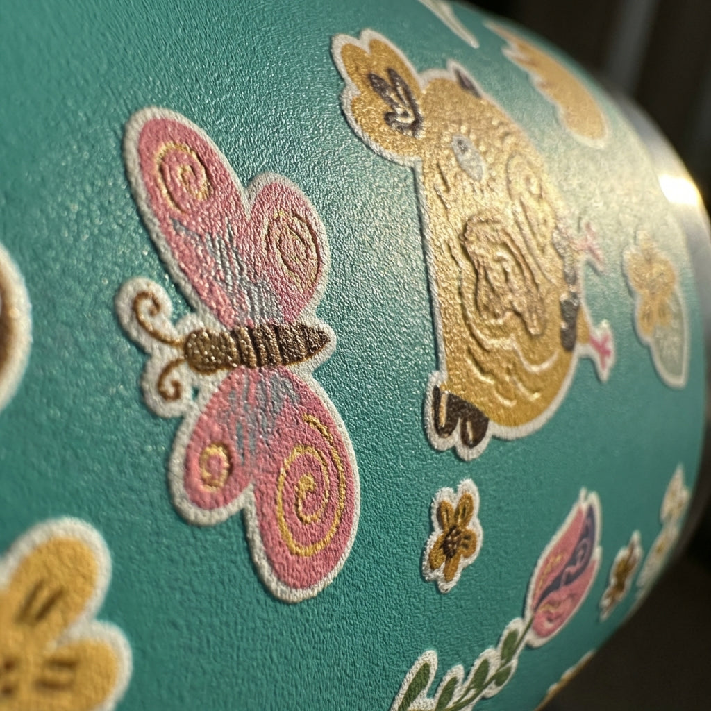 Detail shot - LAMOSE Cascade 40 oz tumbler in teal featuring stylized gold and pink chickens, butterflies, and floral patterns sitting on a picnic blanket.