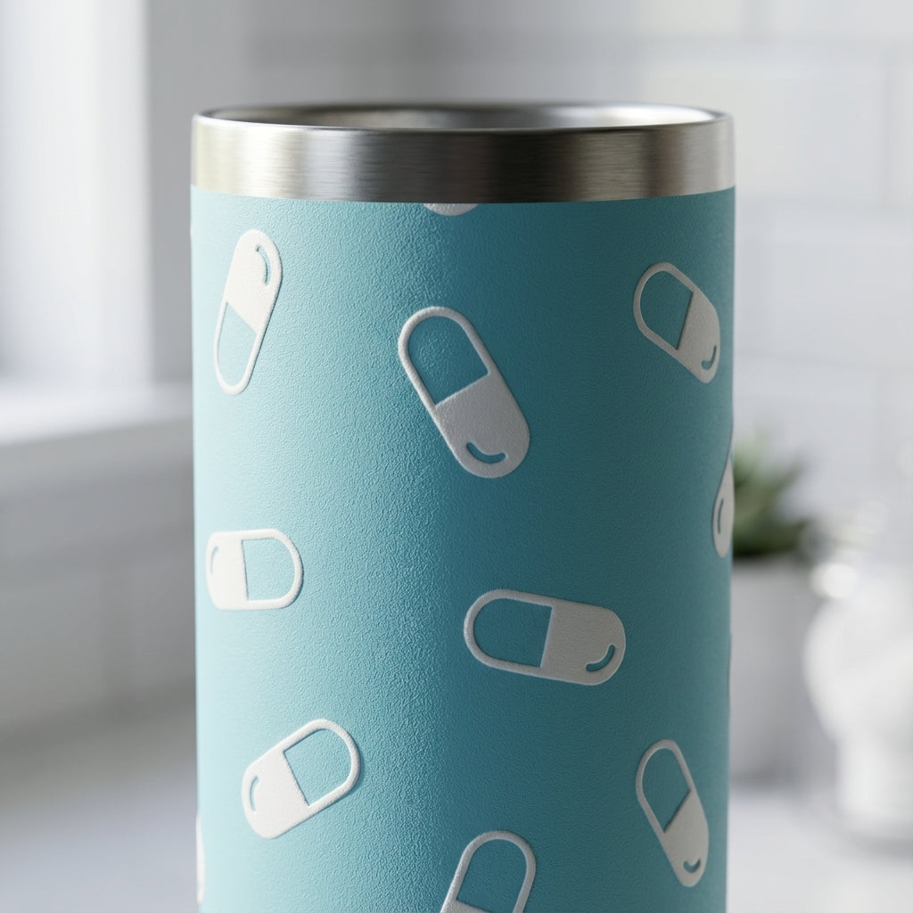 Detail shot - Light blue Cascade 40oz tumbler featuring a playful white medical pill pattern, standing on a clean surface.