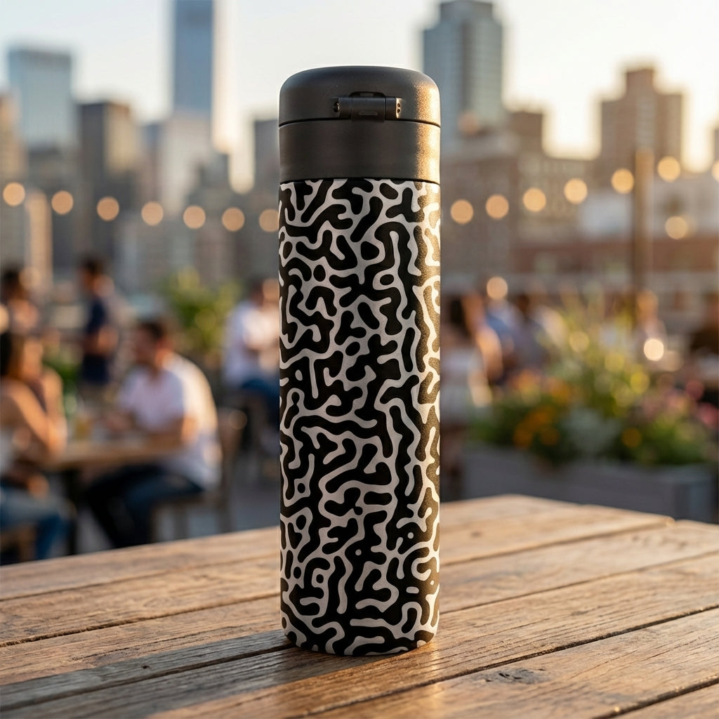 LAMOSE Emerald 16 oz stainless steel tumbler featuring a white and black organic maze pattern sitting on a wooden table on a rooftop.