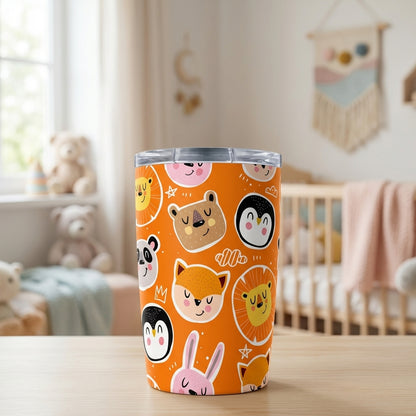 LAMOSE Logan Pro 16 oz tumbler featuring a bright orange background with cartoon lion, bear, fox, and panda faces.