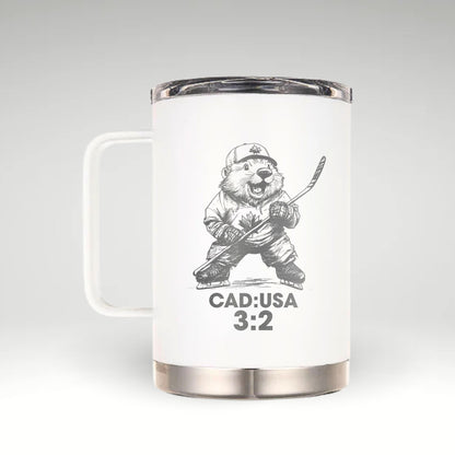 Celebrate Canada’s Overtime Win with Our Beaver Mug Cartoon beaver in Canadian hockey uniform with hockey stick and score CAD:USA 3:2 on an insulated mug. 
