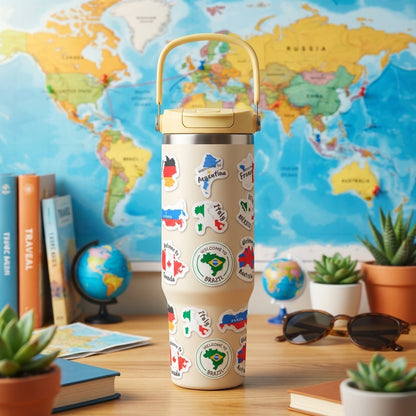 Tan Cascade 40 oz insulated tumbler featuring a collage of international country flag stickers and a yellow handle, sitting on a desk with travel maps.