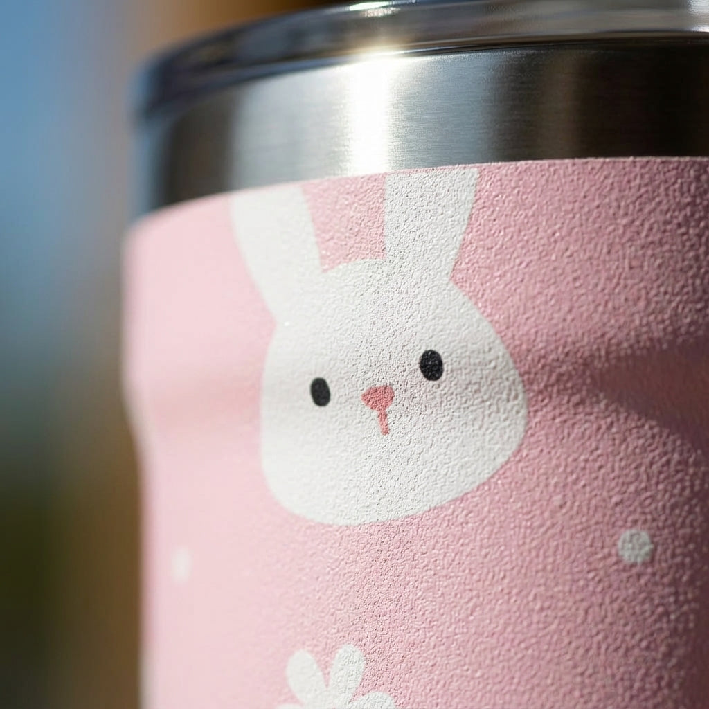 Detail shot - LAMOSE Peyto 12oz pink insulated mug featuring a pattern of white cute bunny faces and small flowers.