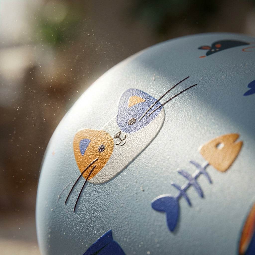 Detail shot - Light blue stainless steel water bottle featuring a pattern of cartoon cat faces, fish bones, and cat food bags.