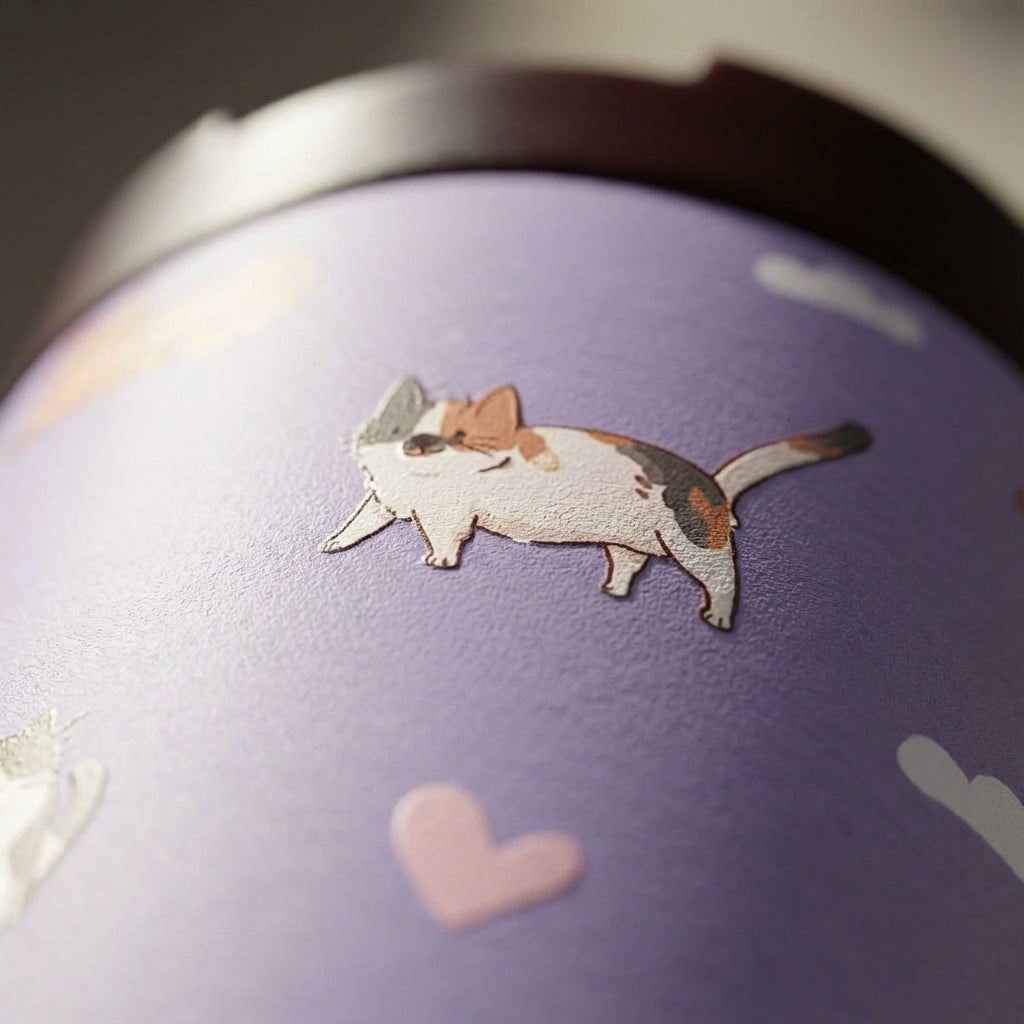 Detail shot - Grouse 12 oz insulated tumbler in soft purple featuring cartoon cat illustrations, pink hearts, and clouds with a dark brown leakproof lid.
