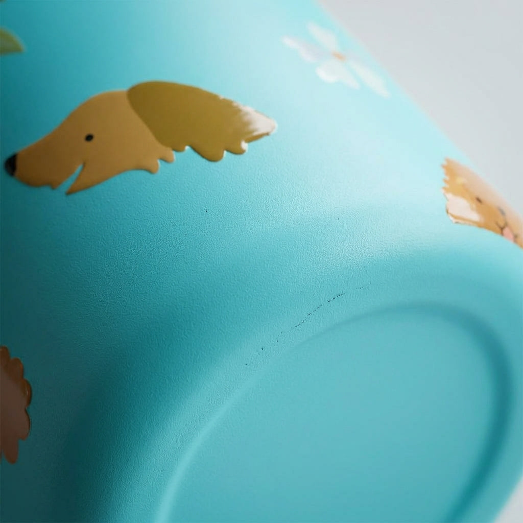 Detail shot - LAMOSE Grouse 12 oz tumbler featuring a light blue background with illustrations of various dogs, paw prints, bones, and flowers