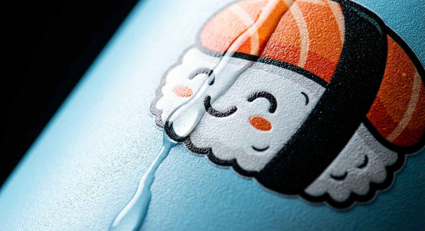 Detail shot - Cylindrical light blue kids water bottle featuring a pattern of cute cartoon sushi faces, nigiri, and maki rolls, with a bright orange lid and green handle.