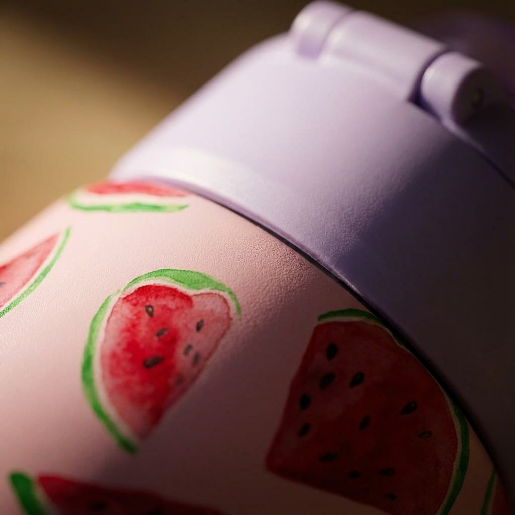 Detail shot - 14oz kids water bottle with watercolor watermelon pattern, pink body, purple lid, and green handle surrounded by fresh fruit slices.