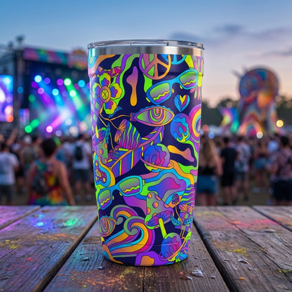 Peyto 16oz stainless steel travel cup featuring a vibrant neon psychedelic pattern with peace signs, mushrooms, and stylized eyes on a dark blue background.