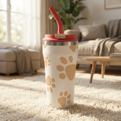 Off-white 16oz insulated tumbler featuring a pattern of tan paw prints, a silver rim, and a vibrant red lid with matching straw.