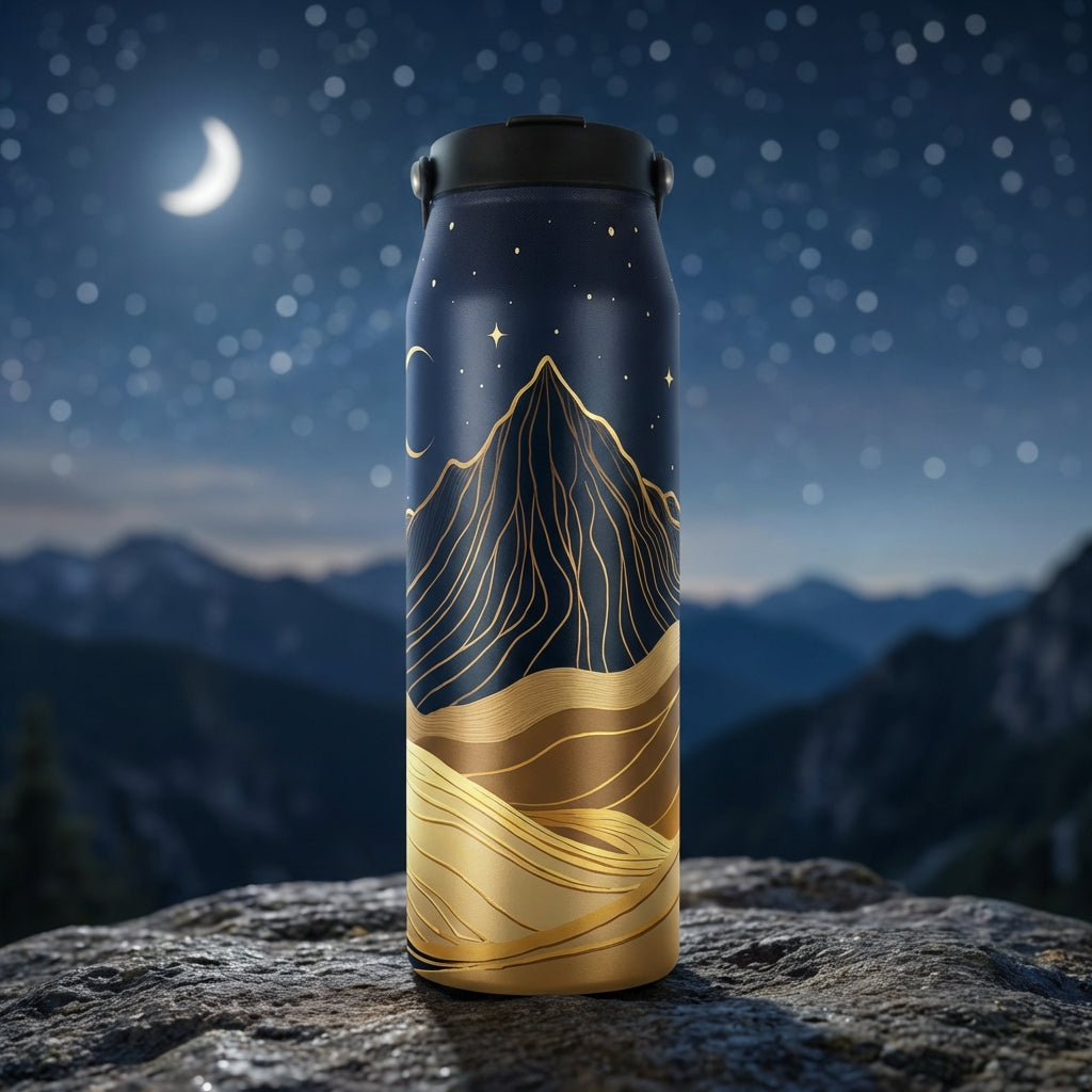 Grouse 34 oz insulated bottle featuring a dark blue night sky, crescent moon, and metallic gold mountain line art on a gradient background.