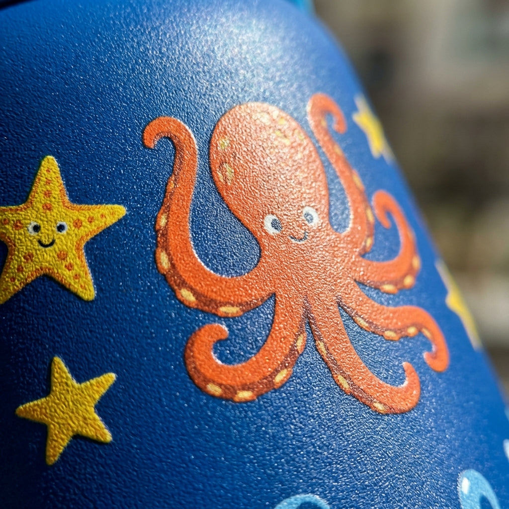 Detail shot - LAMOSE Goose 14oz kids water bottle in blue featuring a colorful pattern of octopus, starfish, coral, and fish with a yellow handled lid.
