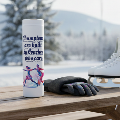 White LAMOSE Grouse tumbler featuring geometric ice skater illustration and inspirational quote for skating coaches, set against a winter backdrop.