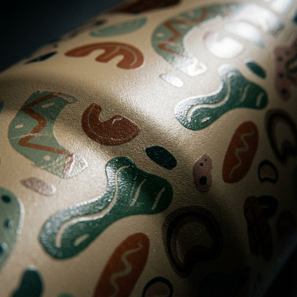 Detail shot - Tan 40 oz tumbler with yellow handle featuring abstract geometric shapes in brown, green, and light blue sitting on a wooden surface