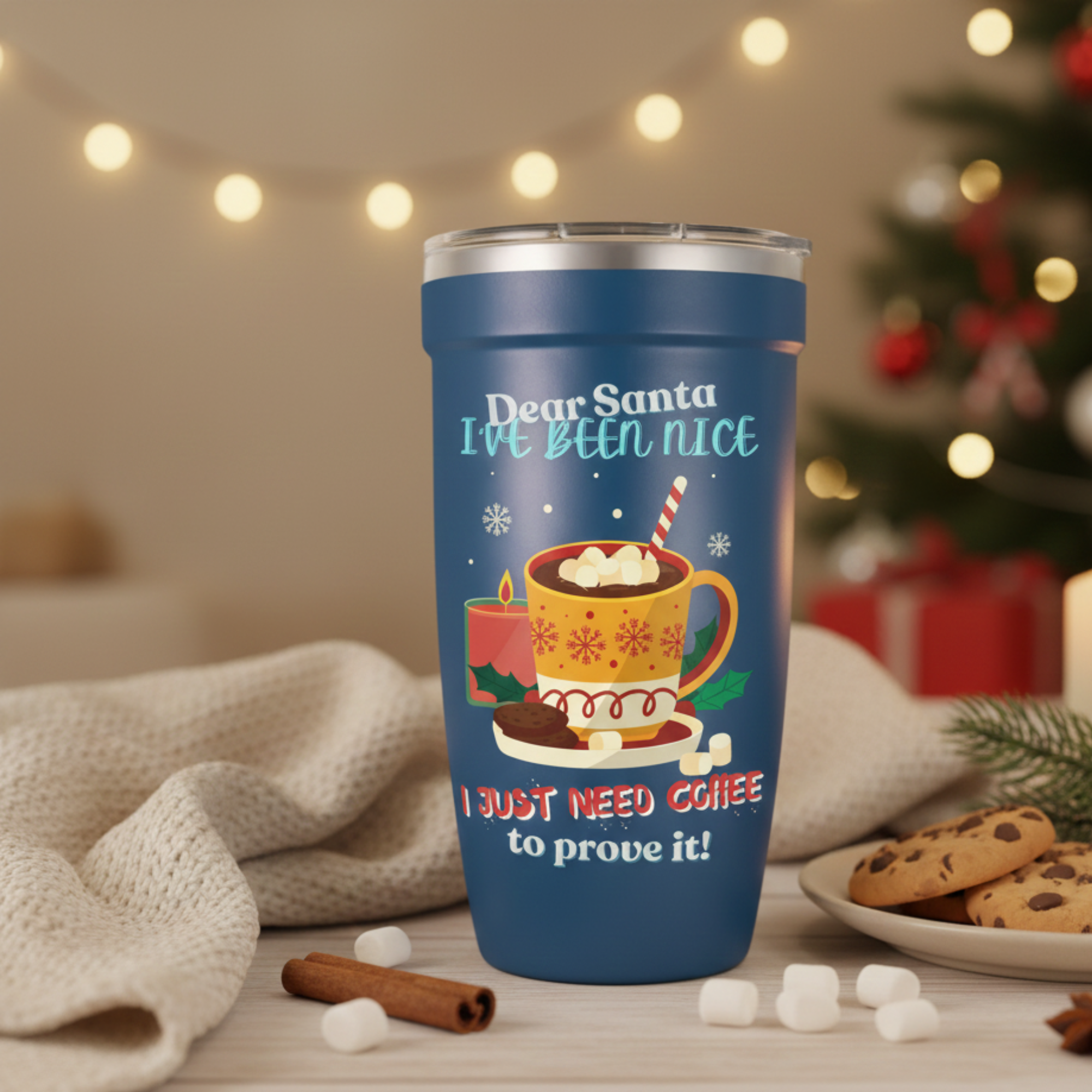 Blue LAMOSE Peyto 16oz insulated tumbler featuring a festive Dear Santa I Need Coffee design with cookies, hot chocolate, and holiday motifs on a wooden table.