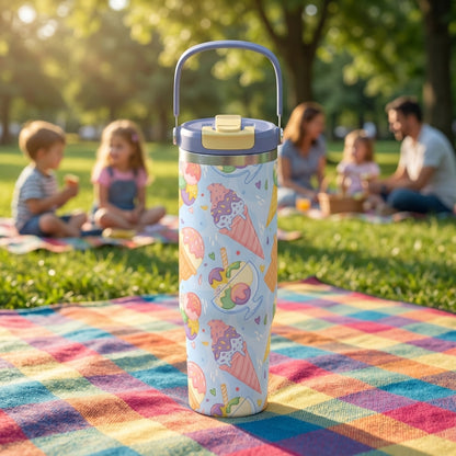 LAMOSE Cascade 40 oz tumbler featuring a light blue background with colorful ice cream cones and sundaes pattern sitting on a picnic blanket.